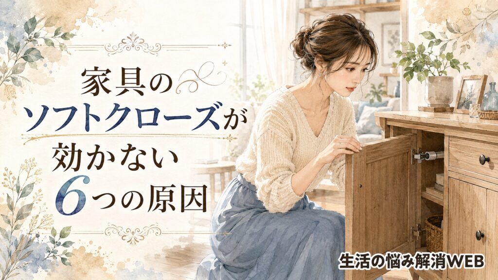 木製家具の扉に付いたソフトクローズ機構を確認する女性を描いた、家具のソフトクローズが効かない6つの原因の暮らし系イラスト