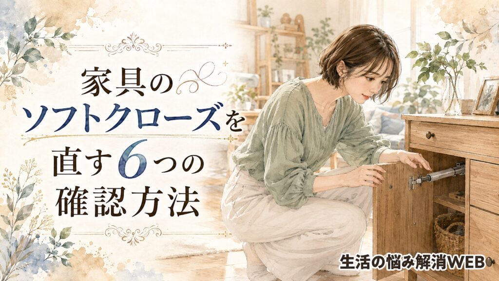 木製家具のソフトクローズ機構を点検する女性を描いた、家具のソフトクローズを直す6つの確認方法の暮らし系イラスト
