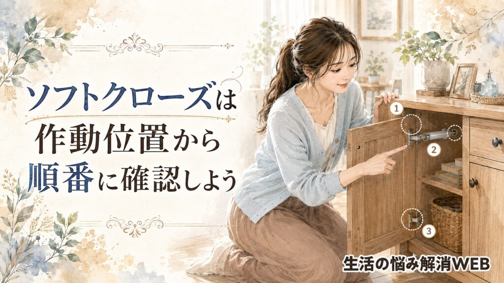 木製家具のソフトクローズの作動位置を順番に確認する女性を描いた、確認ポイント付きの暮らし系イラスト