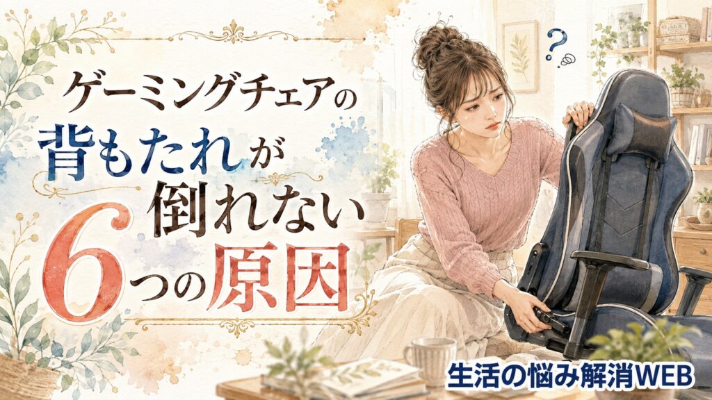 ゲーミングチェアのリクライニング部分を見ながら、背もたれが倒れず困っている女性を描いた暮らし系イラスト