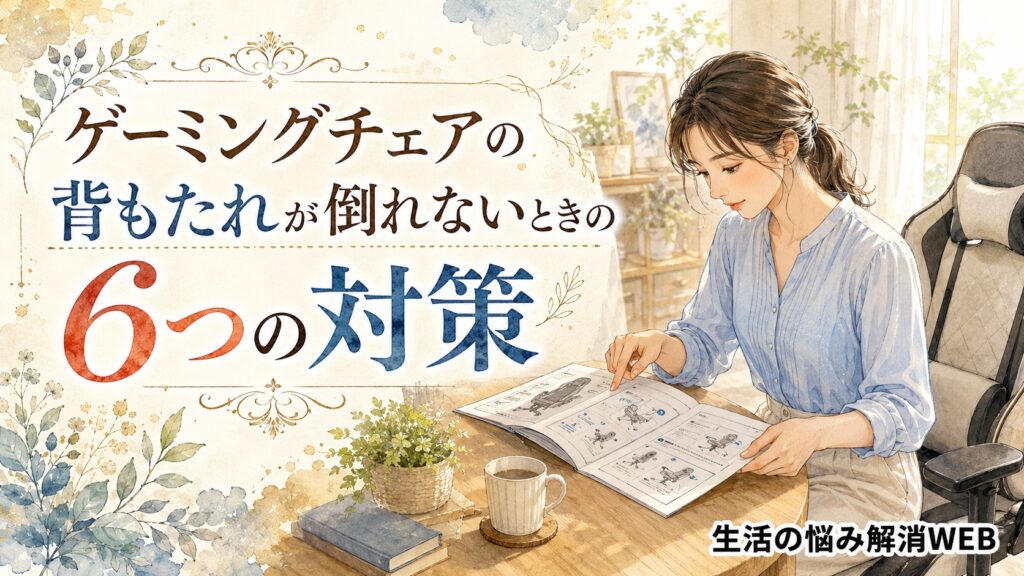 テーブルに広げた説明書を見ながら、ゲーミングチェアの操作方法を確認している女性を描いた暮らし系イラスト
