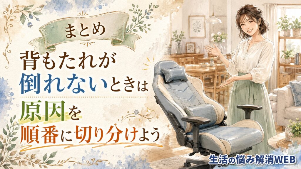 背もたれが倒れたゲーミングチェアの横で、笑顔で紹介する女性を描いた暮らし系イラスト