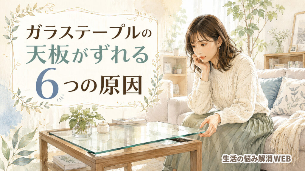 ガラステーブルの天板が少しずれている様子を見ながら、リビングで悩んでいる女性を描いた暮らし系イラスト
