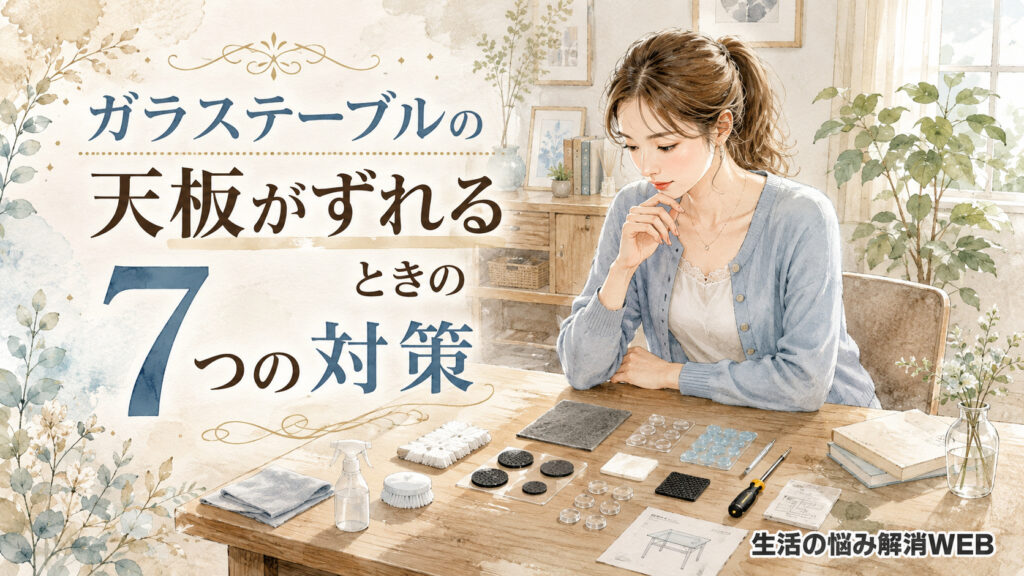 掃除道具や滑り止めパッド、ドライバーなどをデスクに広げ、ガラステーブルのずれ対策を確認している女性を描いた暮らし系イラスト
