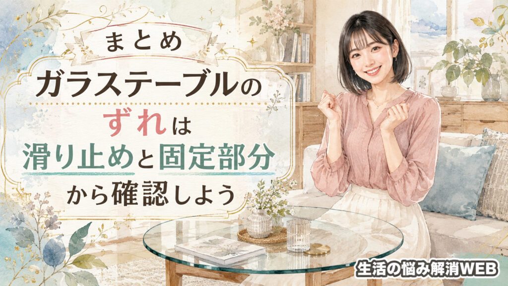 きれいに整ったガラステーブルの前で、安心した表情で喜んでいる女性を描いた明るい暮らし系イラスト