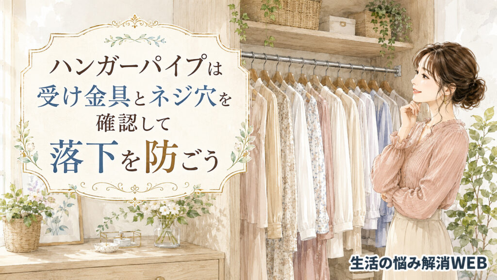 まっすぐ固定されたハンガーパイプに衣類がきれいに並ぶクローゼットを眺める女性のイラスト