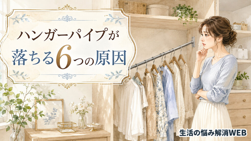 片側が外れて斜めに落ちたクローゼットのハンガーパイプを、心配そうに確認する女性のイラスト