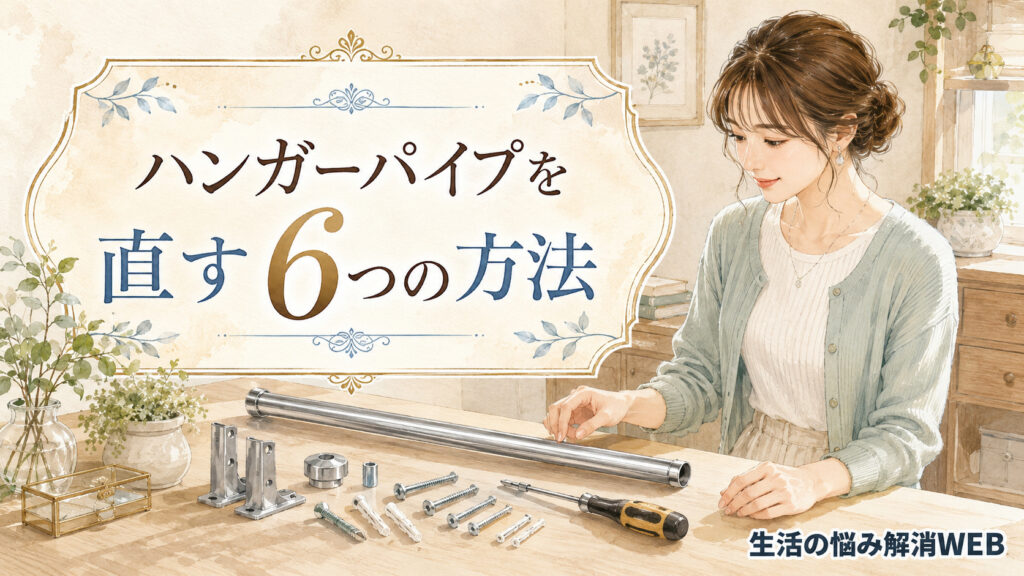 ハンガーパイプや受け金具、ビス、アンカー、ドライバーをテーブルに広げて修理方法を確認する女性のイラスト