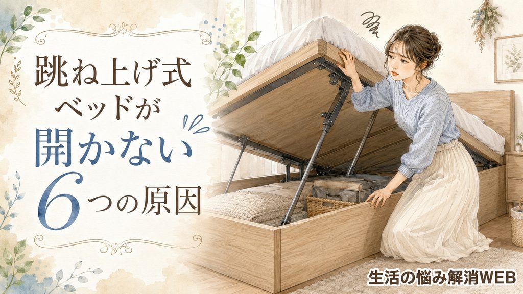 跳ね上げ式ベッドの収納部分を開けようとして、開きにくさに悩む女性を描いた暮らし系イラスト。