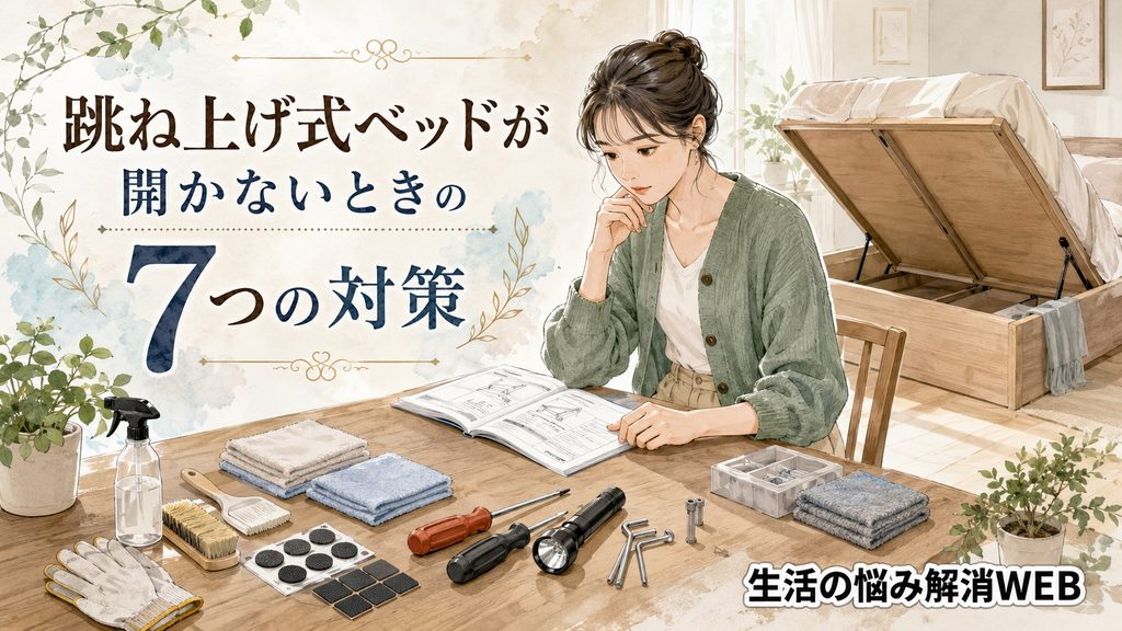 跳ね上げ式ベッドの取扱説明書を読みながら、掃除道具や工具を机に広げて対策を確認している女性の暮らし系イラスト。
