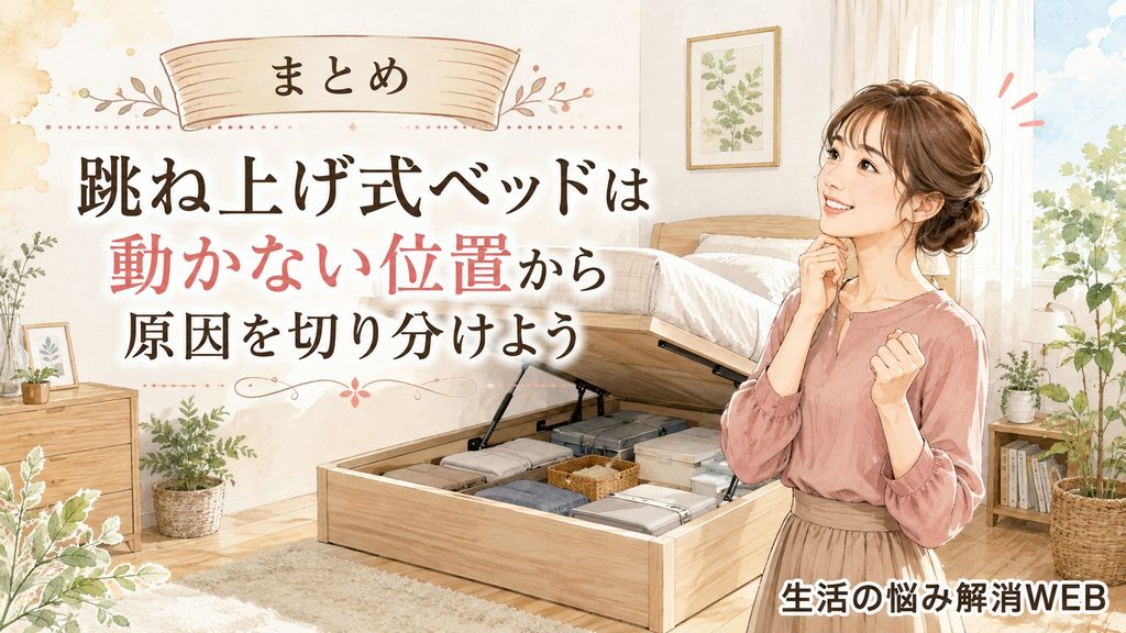 収納付きの跳ね上げ式ベッドの前で、原因を切り分けて解決できたことに喜ぶ女性を描いた明るい暮らし系イラスト。