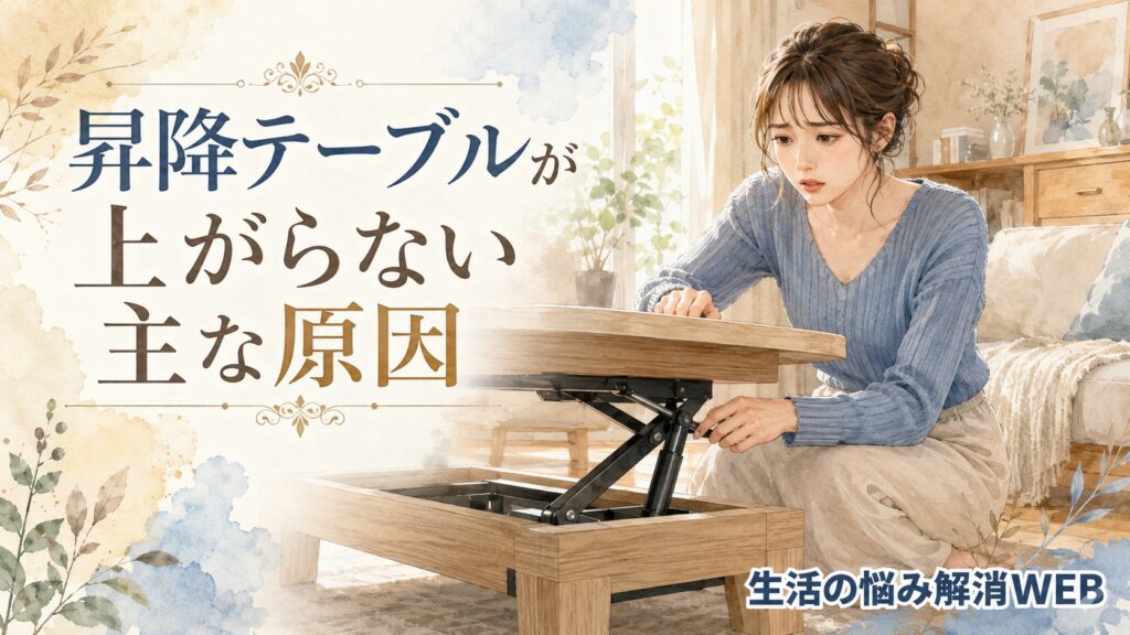 昇降テーブルの金具部分を見ながら、テーブルが上がらない原因を確認している女性のイラスト