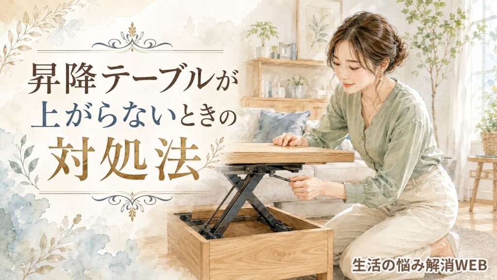 昇降テーブルの昇降機構を工具で調整し、上がらないときの対処をしている女性のイラスト