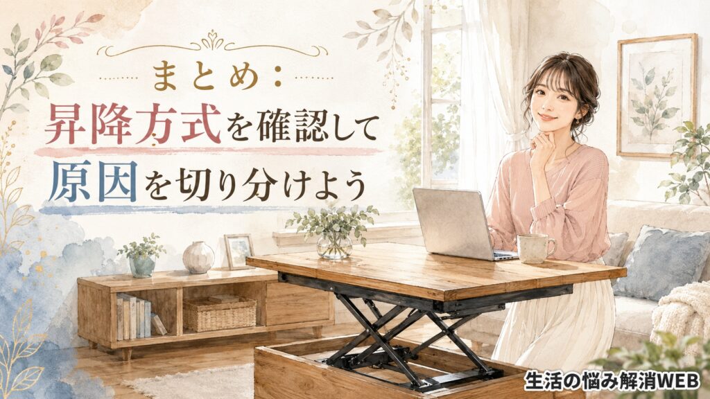 昇降テーブルを使いながら、昇降方式を確認して原因を切り分ける大切さを伝える女性のイラスト