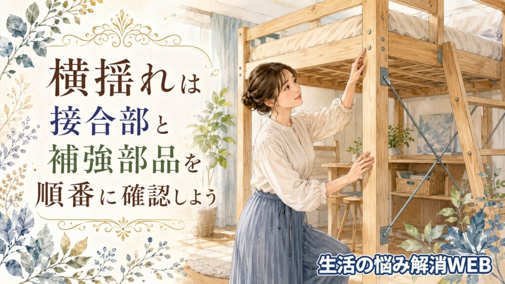 ロフトベッドの接合部と補強部品を順番に確認し、横揺れ対策を見直している女性のイラスト
