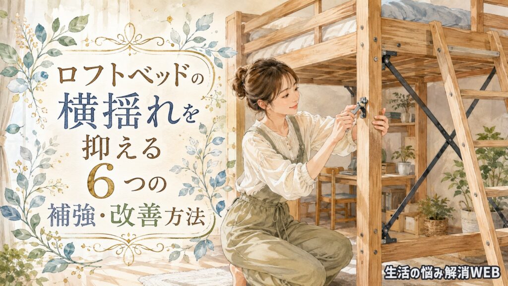 工具を使ってロフトベッドの接合部を締め直し、横揺れを抑える補強をしている女性のイラスト