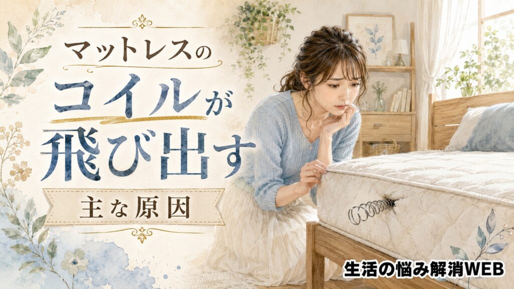 マットレスの側面から飛び出した金属製コイルを、心配そうに確認している女性のイラスト