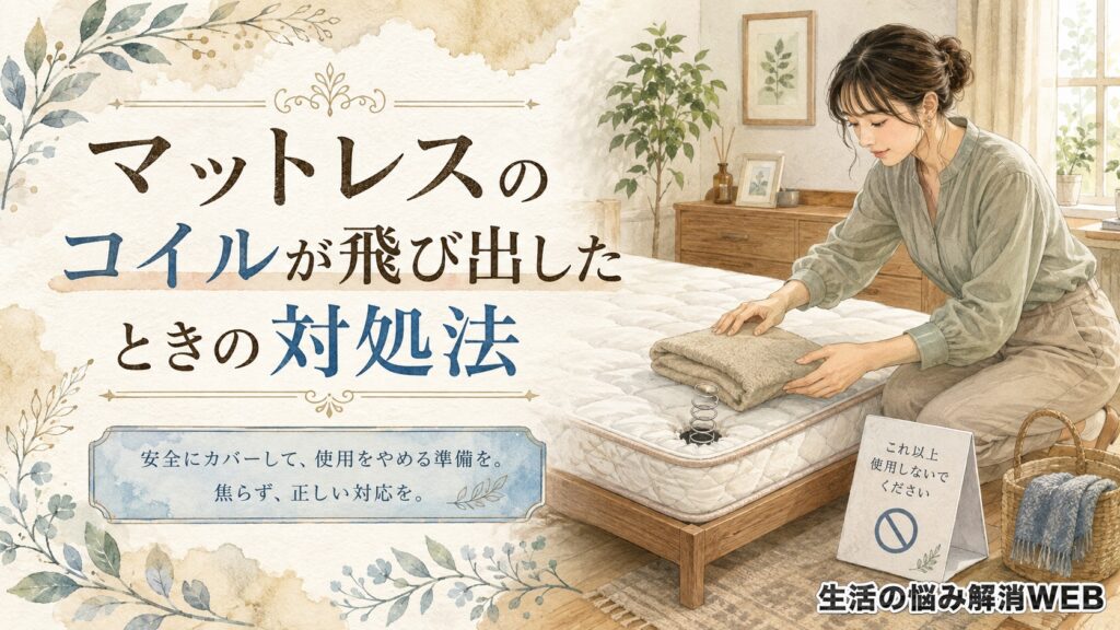 マットレスから飛び出したコイルを布で安全に覆い、使用を中止する準備をしている女性のイラスト