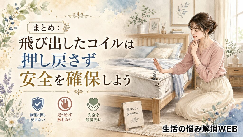 飛び出したマットレスのコイルに触れず、押し戻さずに安全を確保している女性のイラスト