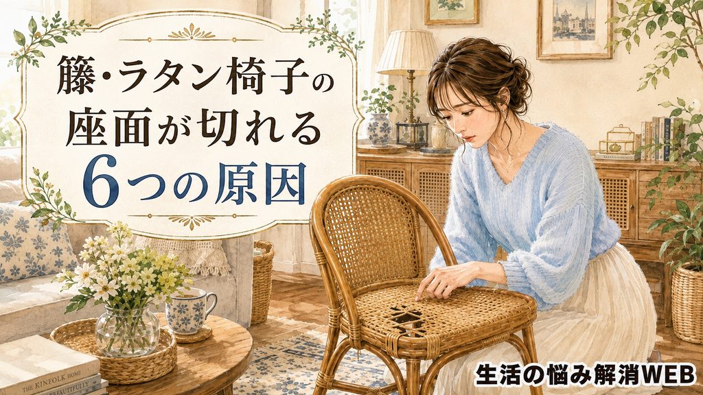 明るいリビングで、淡いブルーの服を着た女性が、座面の一部が切れた籐・ラタン椅子を見つめながら悩んでいる様子を描いた、やわらかな水彩風イラスト。