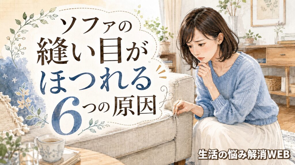 ソファの縫い目がほつれている部分を見つけ、心配そうに確認する女性のイラスト