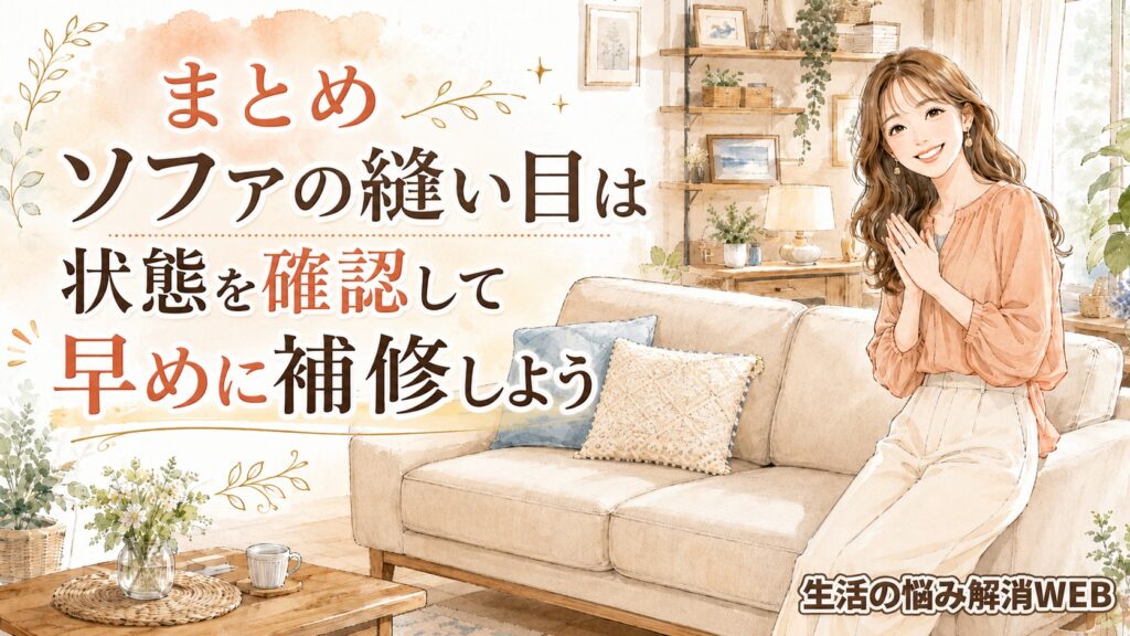 縫い目を補修してきれいになったソファのそばで笑顔を見せる女性のイラスト
