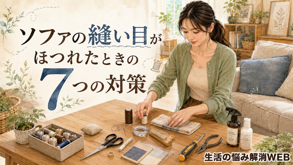 ソファの縫い目補修に使う糸や針、ハサミ、掃除道具、工具をテーブルに広げて準備する女性のイラスト
