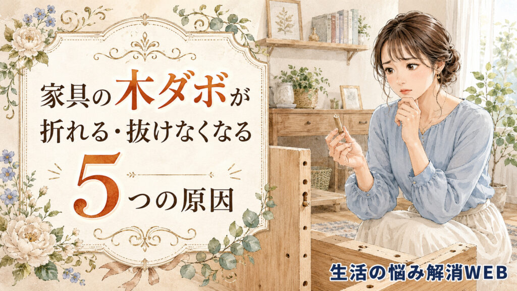 折れた木ダボを手に持ち、家具の部材を前にして原因を悩みながら確認している女性の暮らし系イラスト