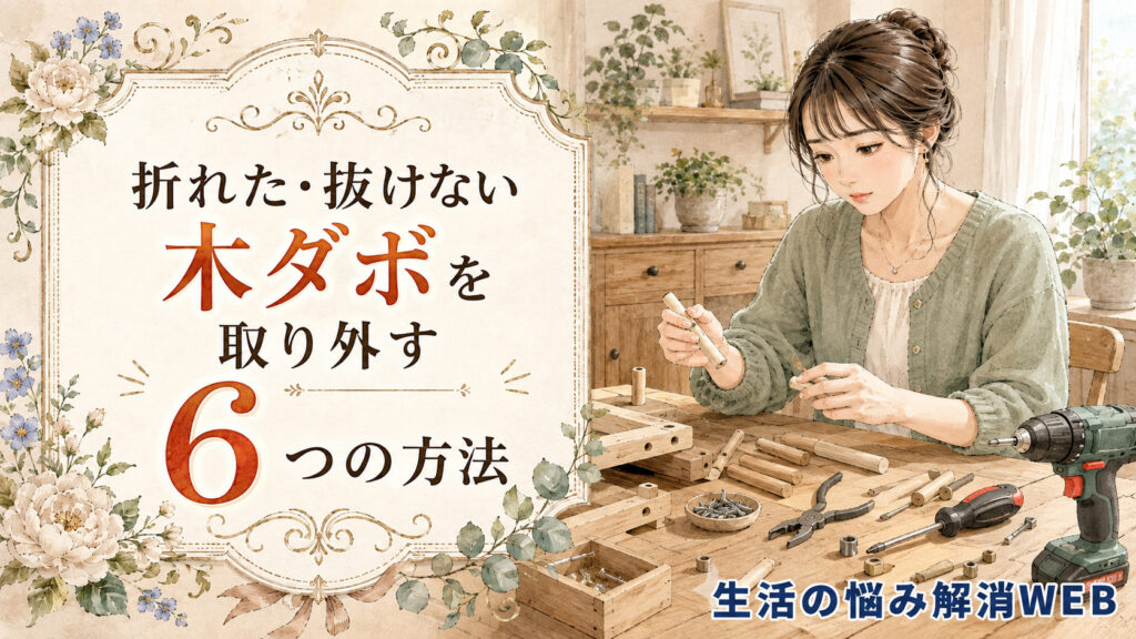 木ダボや木製パーツ、ペンチ、ドライバー、ドリルなどを机に並べ、取り外し方法を確認している女性の暮らし系イラスト