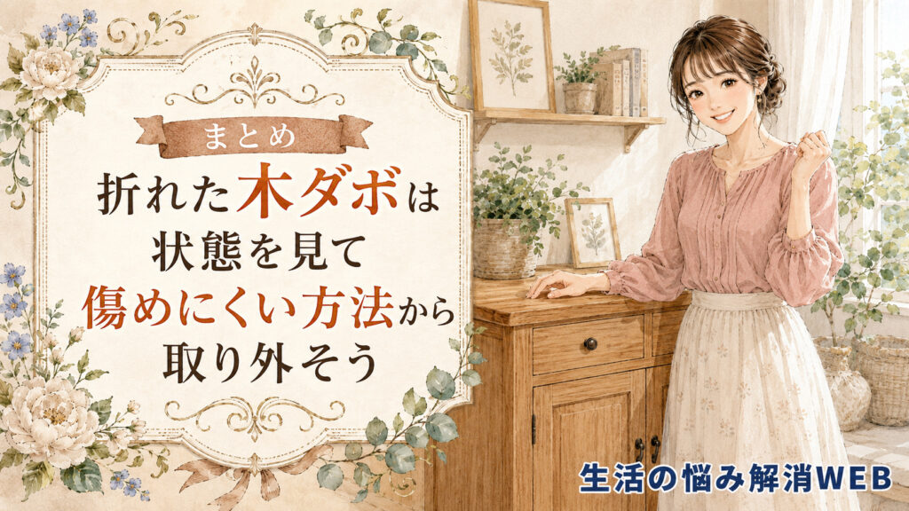 きれいな状態の木製家具の前で、木ダボの取り外しがうまくできて喜んでいる女性の暮らし系イラスト