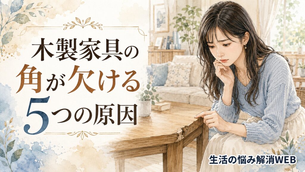 テーブルの欠けた角を見つめて悩む女性を描いた、木製家具の角が欠ける原因をテーマにしたやわらかな暮らし系イラスト。