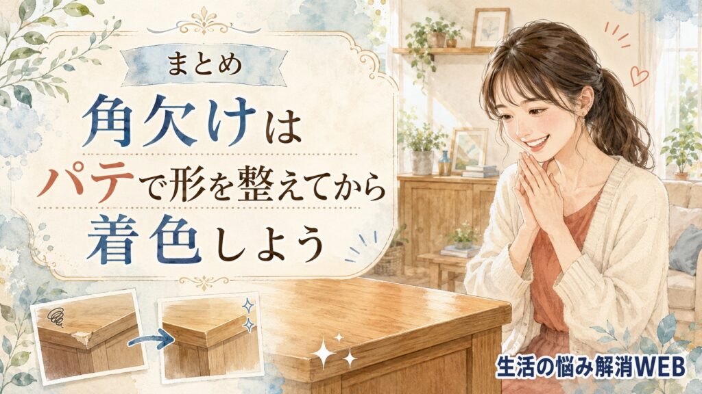 きれいに補修された木製テーブルの角を前に、うれしそうに喜ぶ女性を描いたまとめ用の暮らし系イラスト。