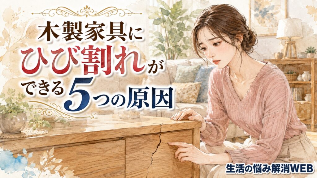 木製家具にできたひび割れを見つめながら、原因に悩む女性を描いた暮らし系イラスト