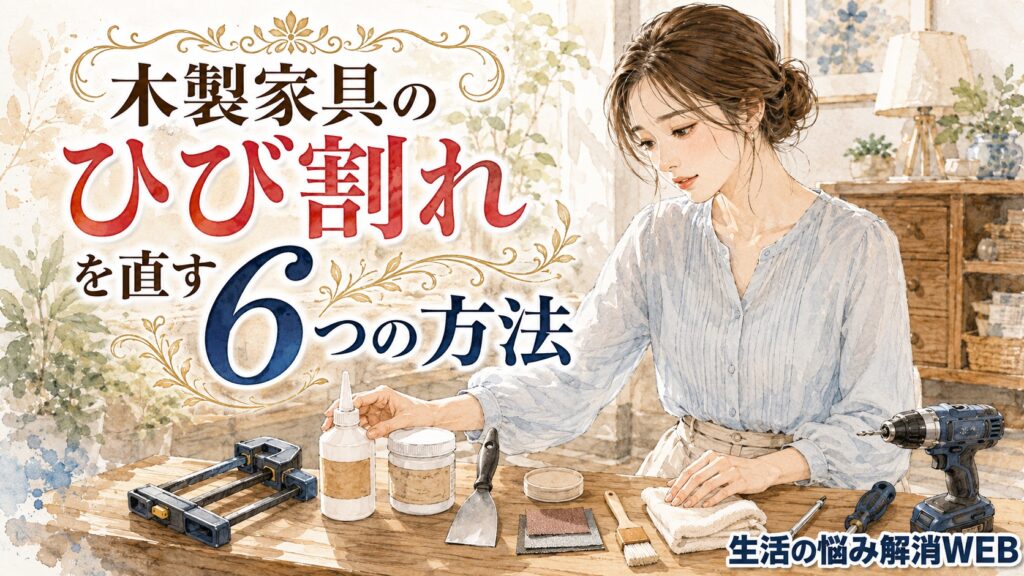 木製家具のひび割れ補修に使う接着剤やパテ、クランプ、サンドペーパー、ドリルなどを机に並べる女性のイラスト