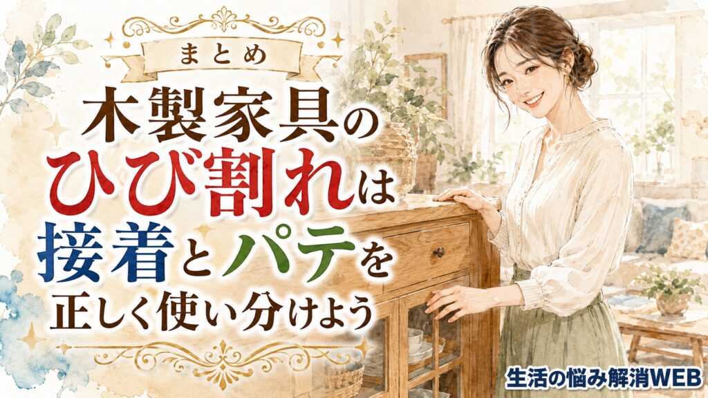 ひび割れを補修してきれいになった木製家具の前で、笑顔を見せる女性を描いた暮らし系イラスト