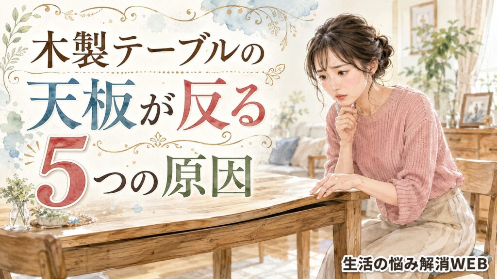 反って隙間ができた木製テーブルの天板を見つめながら、原因に悩む女性を描いた暮らし系イラスト