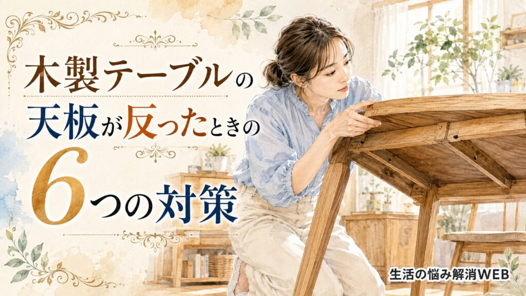 木製テーブルを傾けて天板の裏側や補強部分を確認しながら、反りの状態をチェックする女性のイラスト