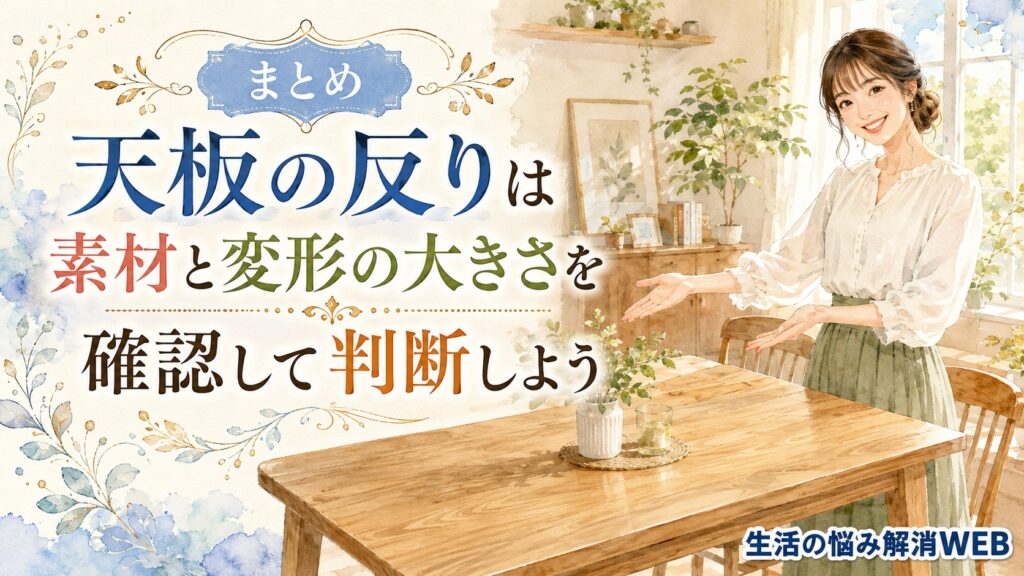 きれいな状態の木製ダイニングテーブルの前で、笑顔で手を添えながら紹介する女性を描いた暮らし系イラスト