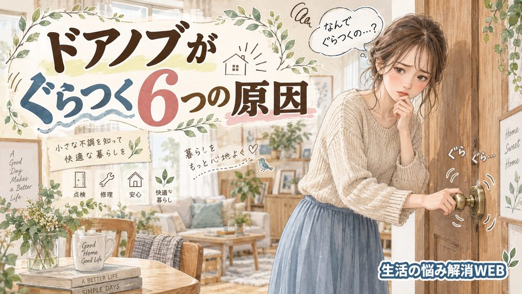 ドアノブのぐらつきに悩み、木製ドアのノブを確認する女性のイラスト。