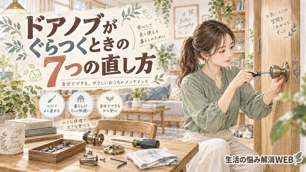 ドライバーを使って木製ドアのドアノブを調整する女性のイラスト。