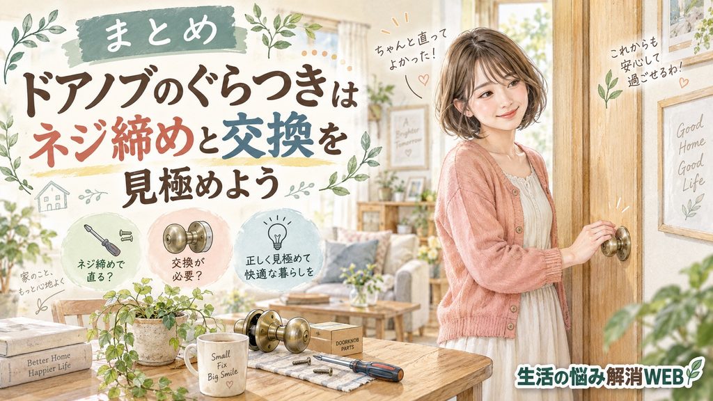 修理後のドアノブを確認して安心した表情を見せる女性のイラスト。