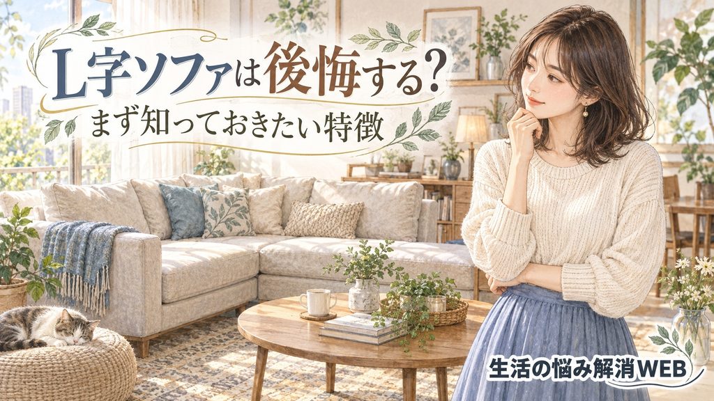 明るいリビングのL字ソファを見ながら、購入後の特徴について考える女性のイラスト