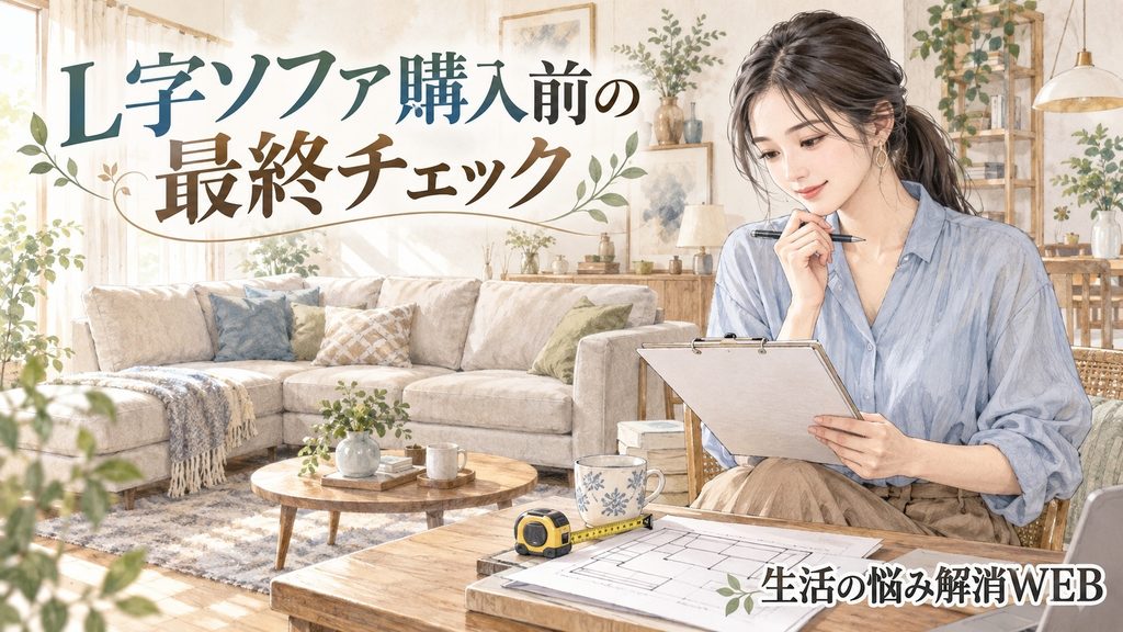 L字ソファ購入前にメジャーや間取り図を使って最終チェックをする女性のイラスト