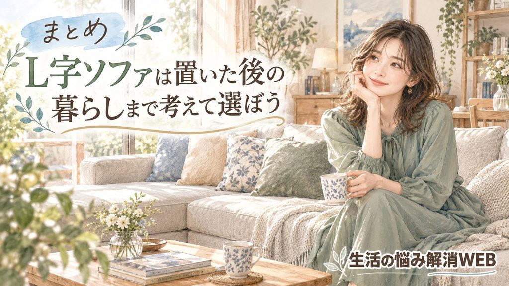 L字ソファを置いた後の暮らしをイメージしながら、くつろいで過ごす女性のイラスト
