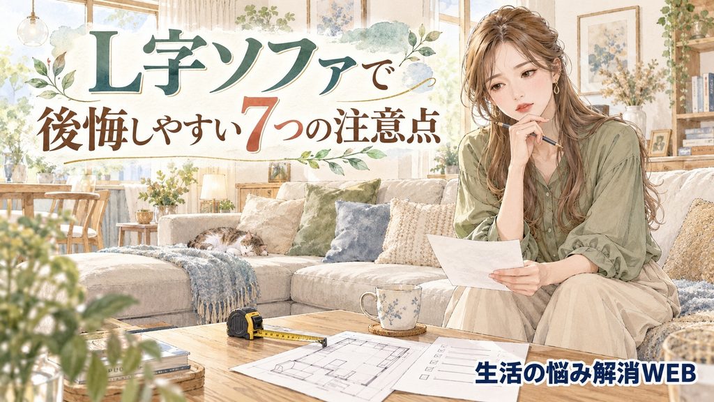 L字ソファの購入前に、間取りやサイズなど7つの注意点を確認する女性のイラスト