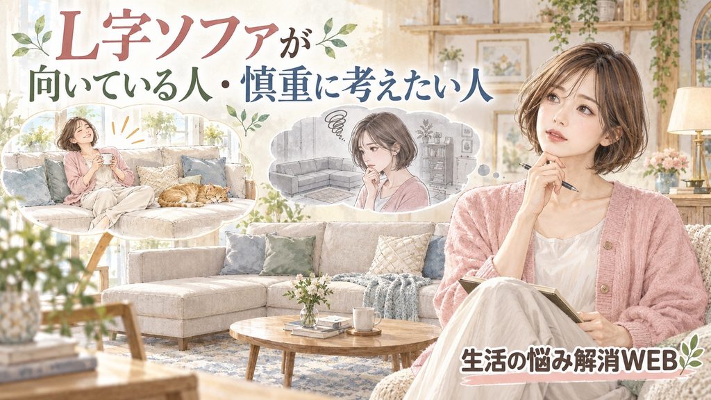 L字ソファが自分の暮らしに向いているか慎重に考える女性のイラスト