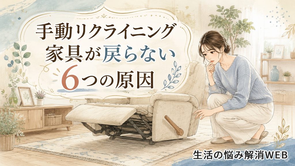 手動リクライニング家具が戻らず、開いたフットレスト付近を心配そうに確認する女性のイラスト
