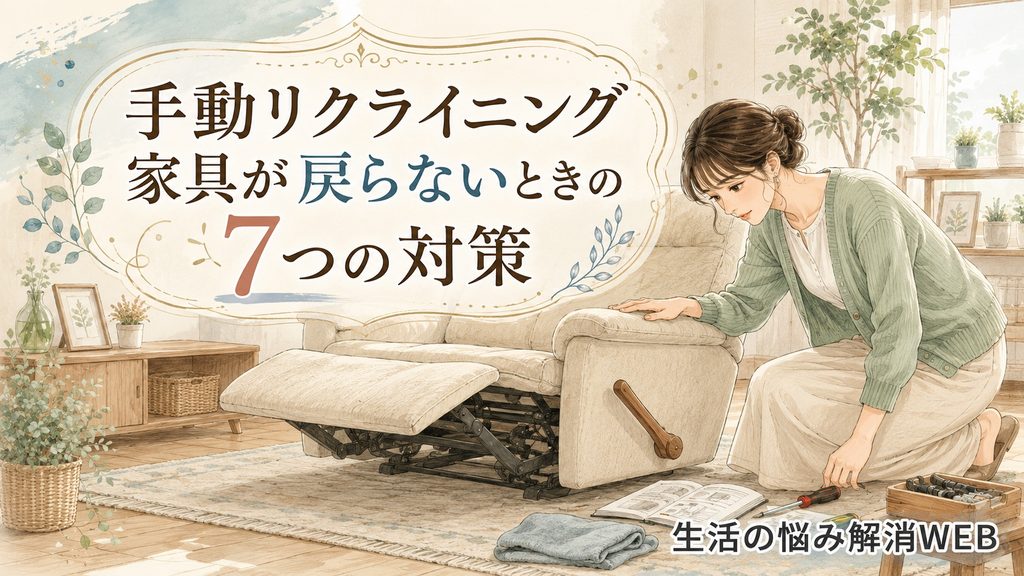 手動リクライニング家具の戻らない原因を確認するため、説明書や工具を用意して点検する女性のイラスト