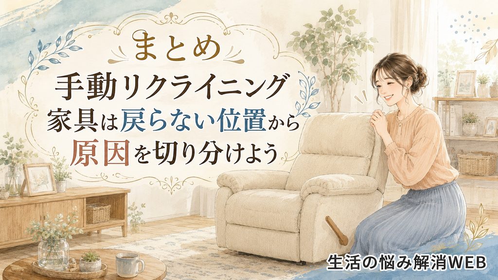 正常な位置に戻った手動リクライニング家具のそばで、安心した様子を見せる女性のイラスト