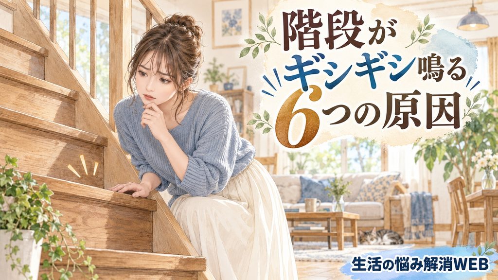 木製階段のギシギシ音に悩み、踏み板を確認している女性のイラスト